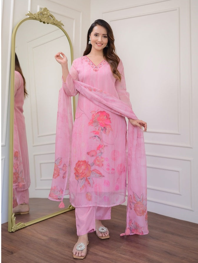 NOZ2TOZ Women Party Wear Flower Printed Designer Kurta With Pant And Dupatta Set - Pink