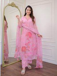 Thumbnail for NOZ2TOZ Women Party Wear Flower Printed Designer Kurta With Pant And Dupatta Set - Pink
