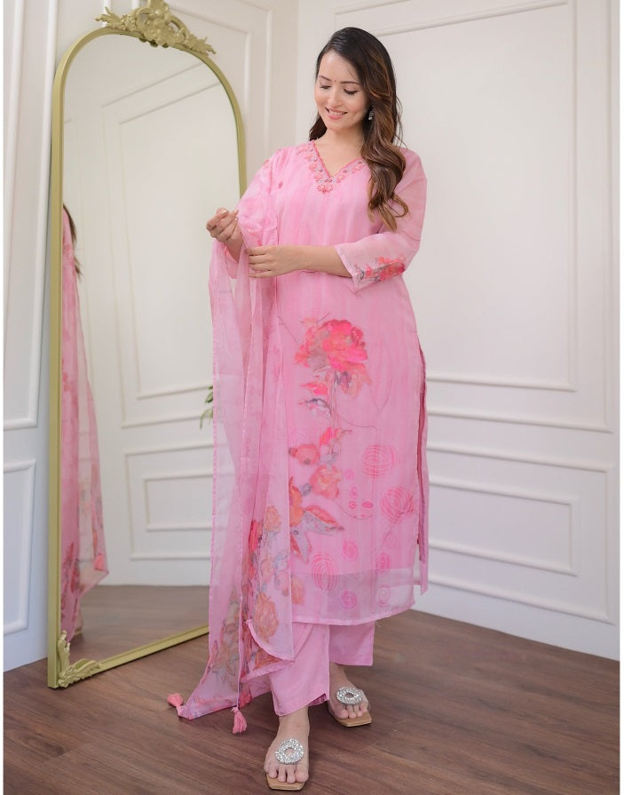 NOZ2TOZ Women Party Wear Flower Printed Designer Kurta With Pant And Dupatta Set - Pink