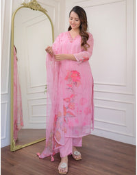 Thumbnail for NOZ2TOZ Women Party Wear Flower Printed Designer Kurta With Pant And Dupatta Set - Pink