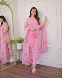 Thumbnail for NOZ2TOZ Women Party Wear Flower Printed Designer Kurta With Pant And Dupatta Set - Pink