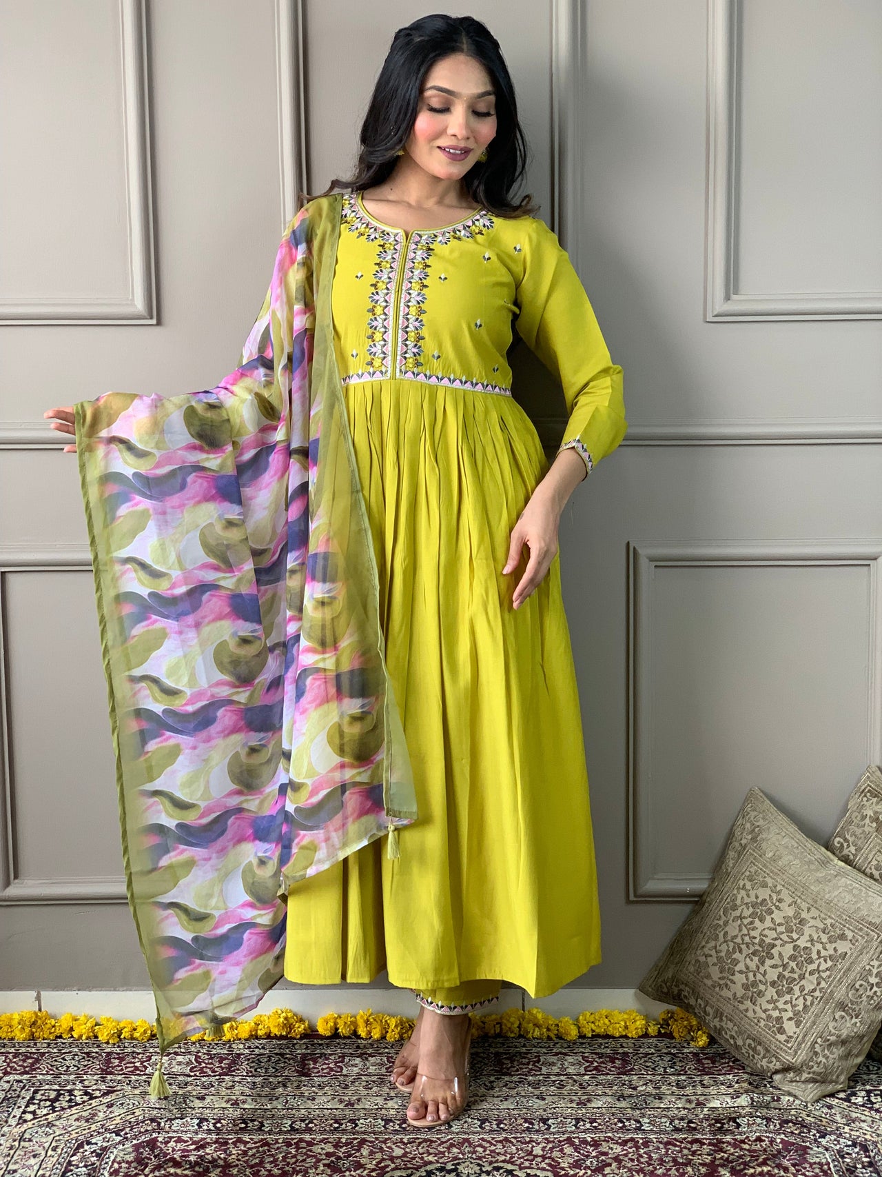 NOZ2TOZ Women Party Wear Embroidery Worked Kurta With Pant And Dupatta Set - Lemon Yellow