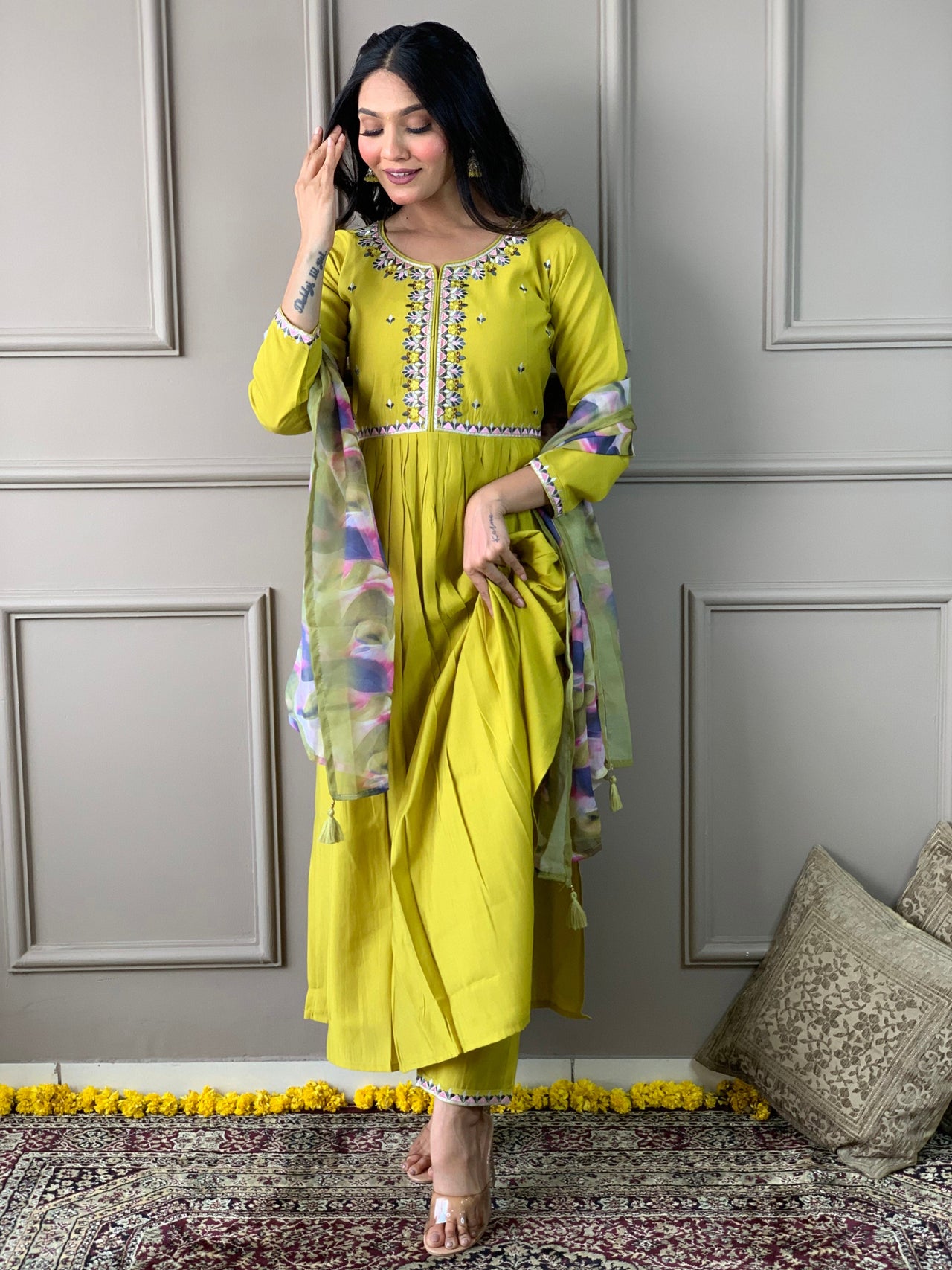 NOZ2TOZ Women Party Wear Embroidery Worked Kurta With Pant And Dupatta Set - Lemon Yellow
