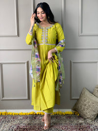 Thumbnail for NOZ2TOZ Women Party Wear Embroidery Worked Kurta With Pant And Dupatta Set - Lemon Yellow