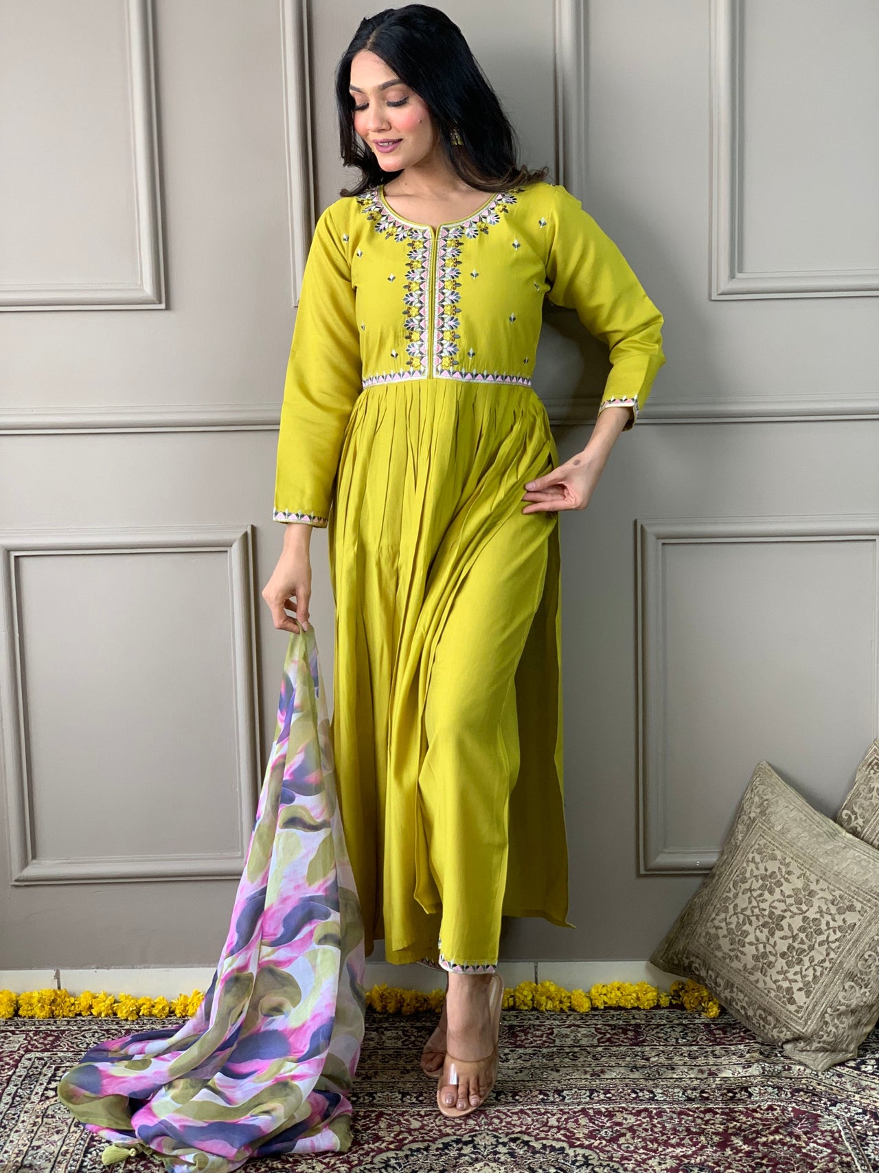 NOZ2TOZ Women Party Wear Embroidery Worked Kurta With Pant And Dupatta Set - Lemon Yellow