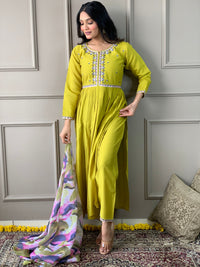 Thumbnail for NOZ2TOZ Women Party Wear Embroidery Worked Kurta With Pant And Dupatta Set - Lemon Yellow