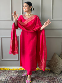 Thumbnail for NOZ2TOZ Women Party Wear Embroidery Worked Kurta With Pant And Dupatta Set - Red