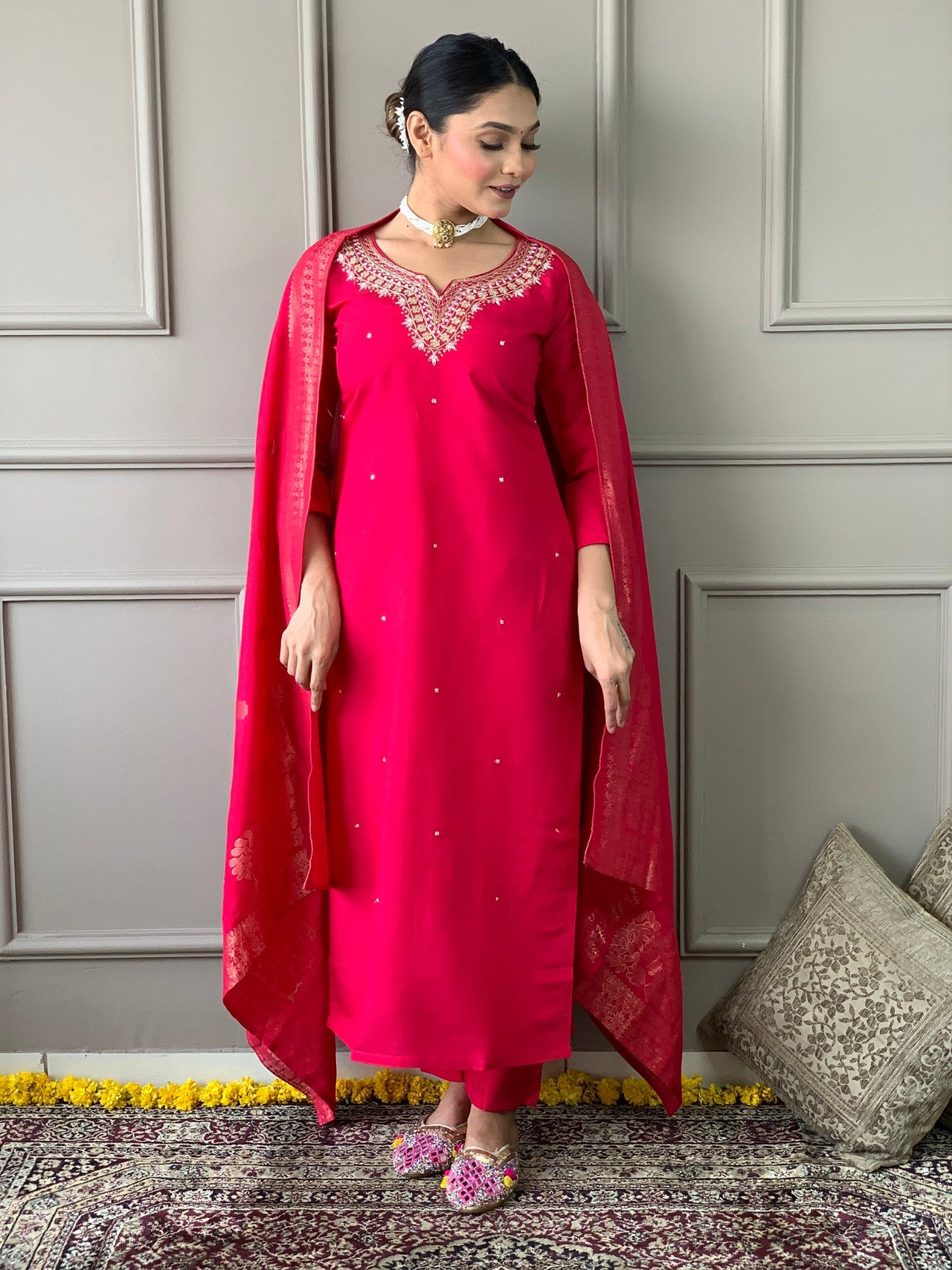 NOZ2TOZ Women Party Wear Embroidery Worked Kurta With Pant And Dupatta Set - Red
