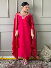 Thumbnail for NOZ2TOZ Women Party Wear Embroidery Worked Kurta With Pant And Dupatta Set - Red