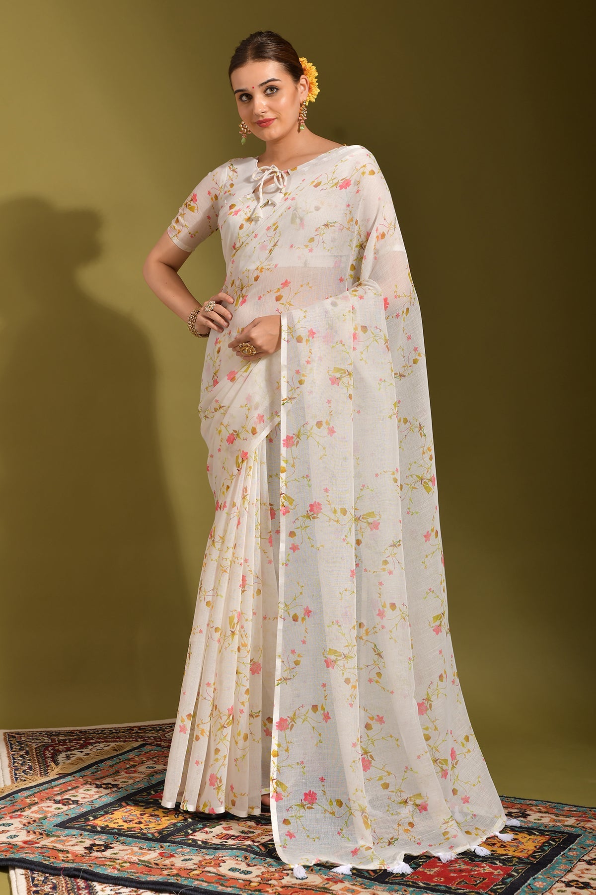 NOZ2TOZ Women Party Wear Printed Linen Saree with Unstitched Blouse - Off White