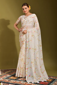 Thumbnail for NOZ2TOZ Women Party Wear Printed Linen Saree with Unstitched Blouse - Off White
