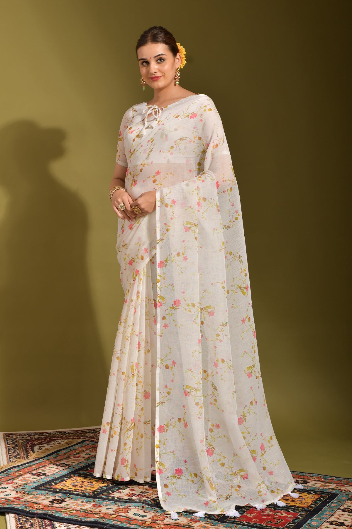 NOZ2TOZ Women Party Wear Printed Linen Saree with Unstitched Blouse - Off White