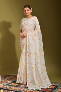 Thumbnail for NOZ2TOZ Women Party Wear Printed Linen Saree with Unstitched Blouse - Off White