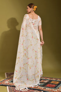 Thumbnail for NOZ2TOZ Women Party Wear Printed Linen Saree with Unstitched Blouse - Off White