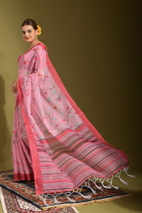 Thumbnail for NOZ2TOZ Women Party Wear Printed Linen Saree with Unstitched Blouse - Pink