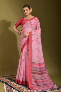 Thumbnail for NOZ2TOZ Women Party Wear Printed Linen Saree with Unstitched Blouse - Pink