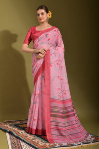 Thumbnail for NOZ2TOZ Women Party Wear Printed Linen Saree with Unstitched Blouse - Pink
