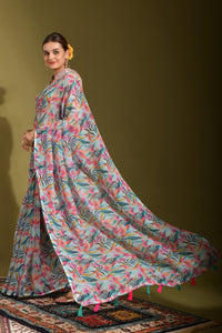 Thumbnail for NOZ2TOZ Women Party Wear Printed Linen Saree with Unstitched Blouse - Multicolour