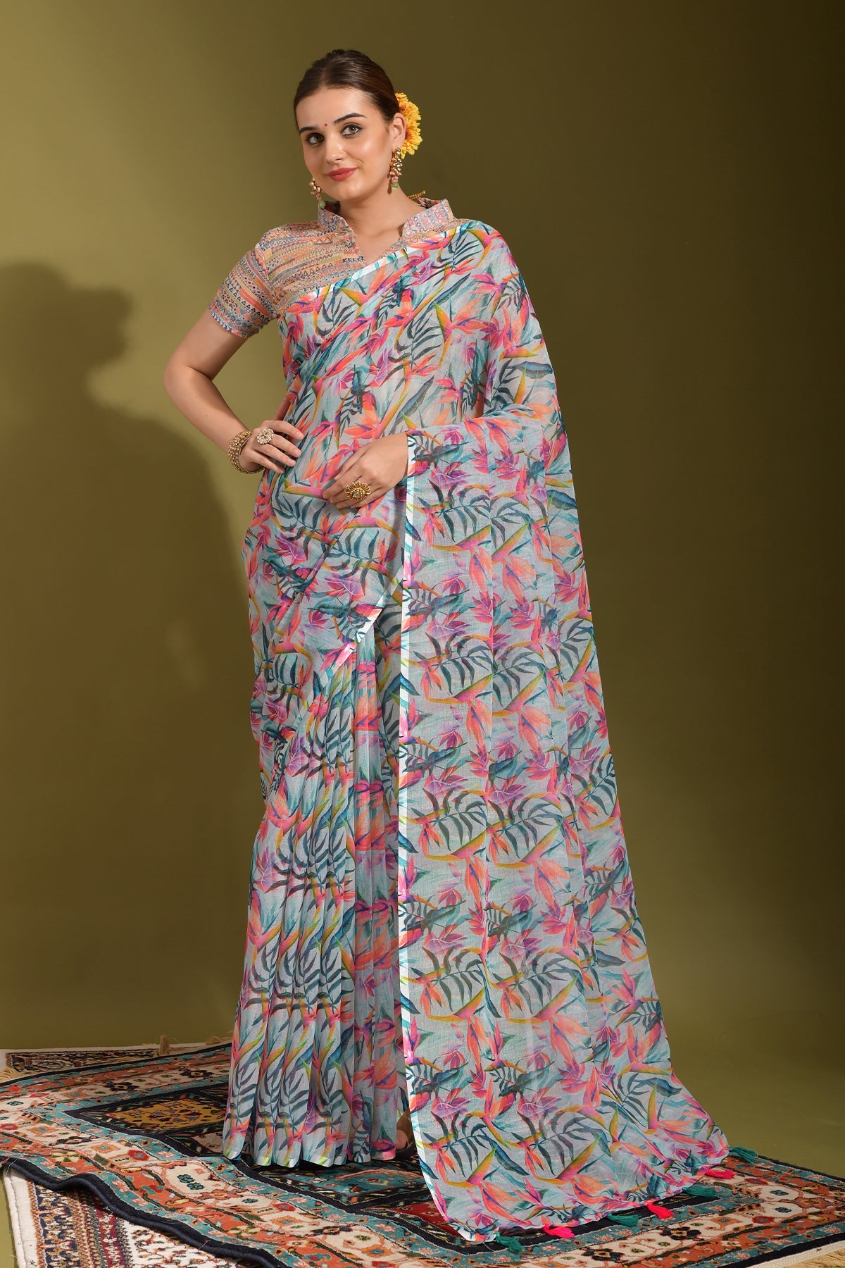 NOZ2TOZ Women Party Wear Printed Linen Saree with Unstitched Blouse - Multicolour