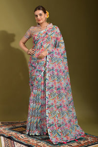 Thumbnail for NOZ2TOZ Women Party Wear Printed Linen Saree with Unstitched Blouse - Multicolour