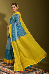 Thumbnail for NOZ2TOZ Women Party Wear Printed Linen Saree with Unstitched Blouse - Yellow & Blue