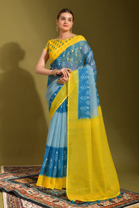 Thumbnail for NOZ2TOZ Women Party Wear Printed Linen Saree with Unstitched Blouse - Yellow & Blue