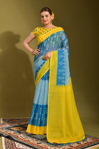 Thumbnail for NOZ2TOZ Women Party Wear Printed Linen Saree with Unstitched Blouse - Yellow & Blue