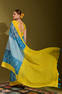 Thumbnail for NOZ2TOZ Women Party Wear Printed Linen Saree with Unstitched Blouse - Yellow & Blue