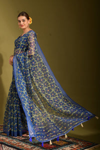Thumbnail for NOZ2TOZ Women Party Wear Printed Linen Saree with Unstitched Blouse - Blue