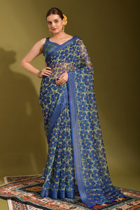 Thumbnail for NOZ2TOZ Women Party Wear Printed Linen Saree with Unstitched Blouse - Blue