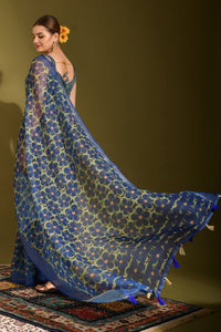 Thumbnail for NOZ2TOZ Women Party Wear Printed Linen Saree with Unstitched Blouse - Blue
