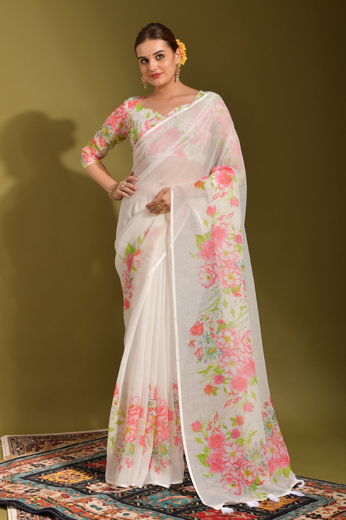 NOZ2TOZ Women Party Wear Printed Linen Saree with Unstitched Blouse - Off White