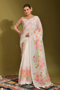 Thumbnail for NOZ2TOZ Women Party Wear Printed Linen Saree with Unstitched Blouse - Off White