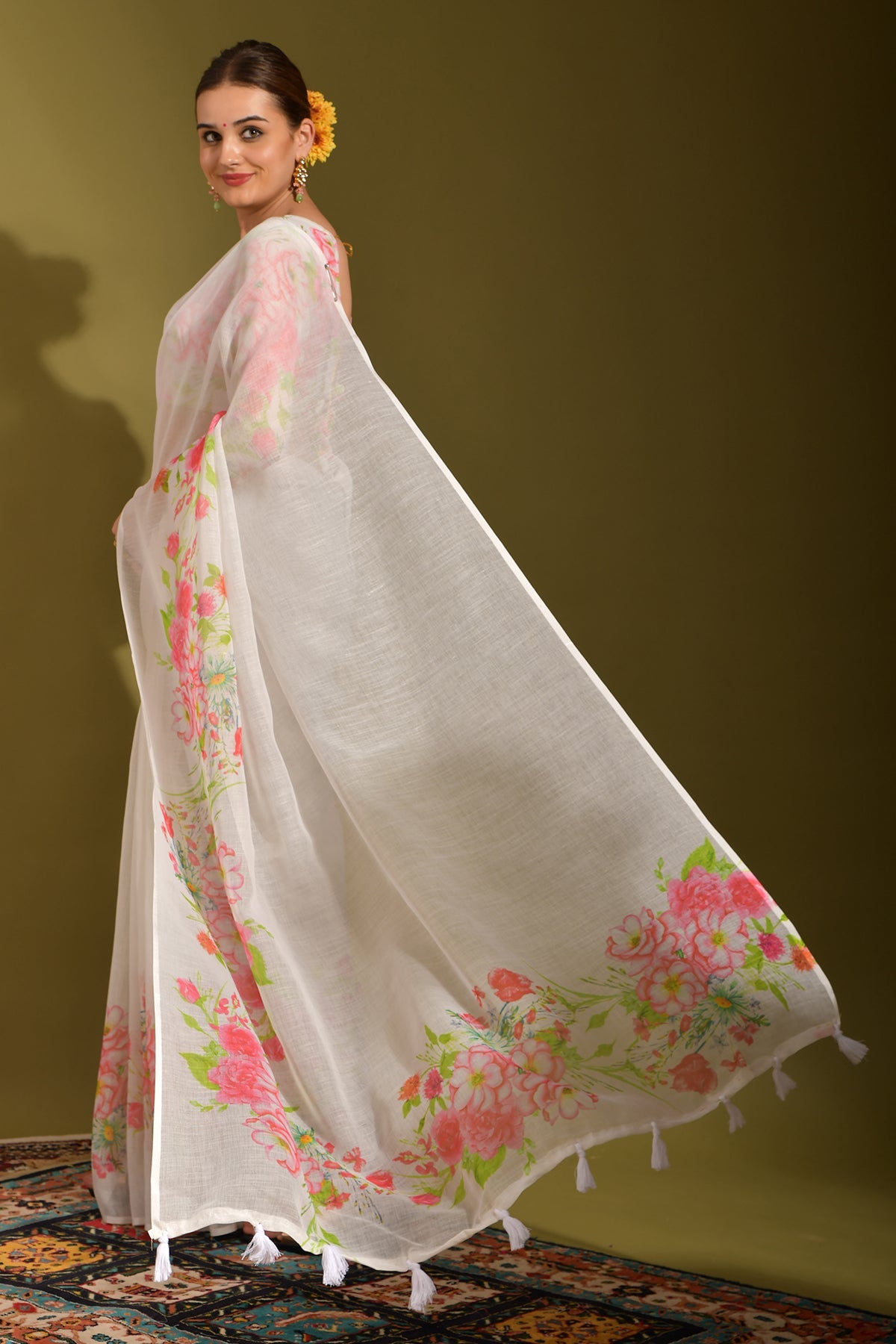 NOZ2TOZ Women Party Wear Printed Linen Saree with Unstitched Blouse - Off White
