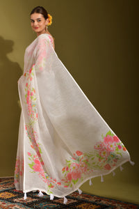 Thumbnail for NOZ2TOZ Women Party Wear Printed Linen Saree with Unstitched Blouse - Off White