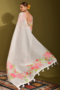 Thumbnail for NOZ2TOZ Women Party Wear Printed Linen Saree with Unstitched Blouse - Off White