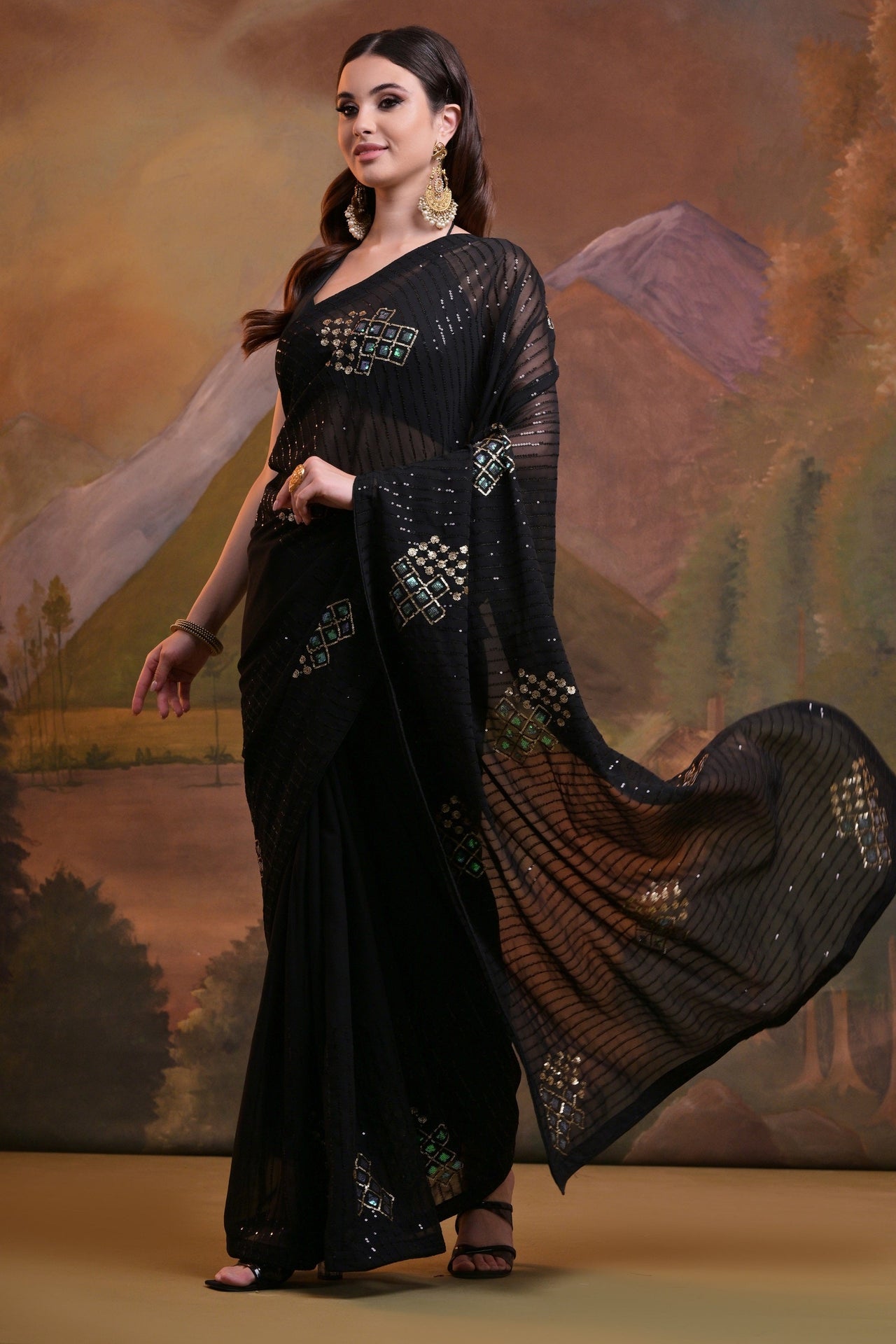 NOZ2TOZ Women Party Wear Sequence Embroidery Worked Georgette Saree with Unstitched Blouse - Black