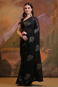 Thumbnail for NOZ2TOZ Women Party Wear Sequence Embroidery Worked Georgette Saree with Unstitched Blouse - Black