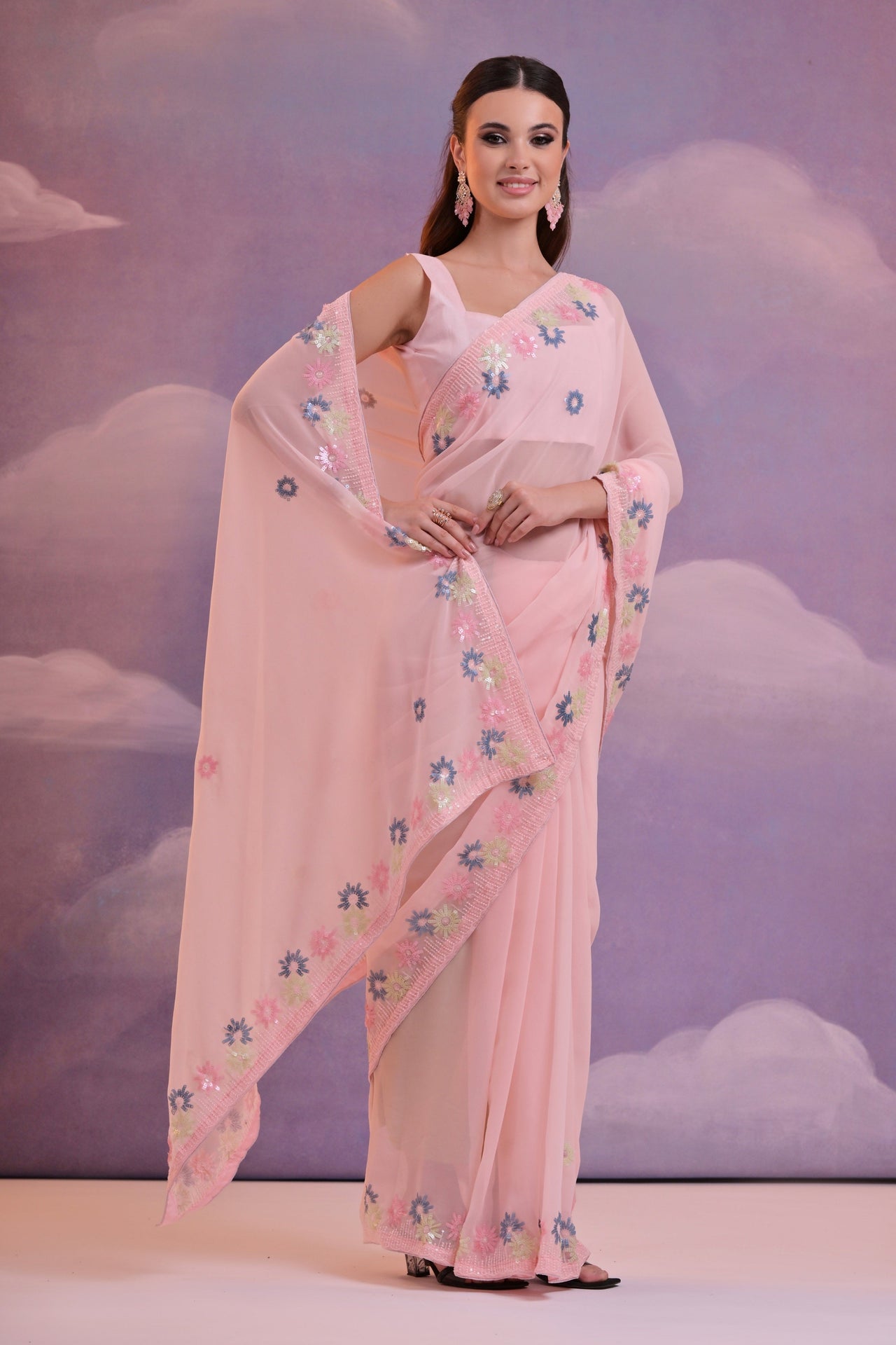 NOZ2TOZ Women Party Wear Sequence Embroidery Worked Georgette Saree with Unstitched Blouse - Pink