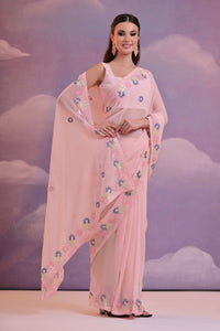 Thumbnail for NOZ2TOZ Women Party Wear Sequence Embroidery Worked Georgette Saree with Unstitched Blouse - Pink