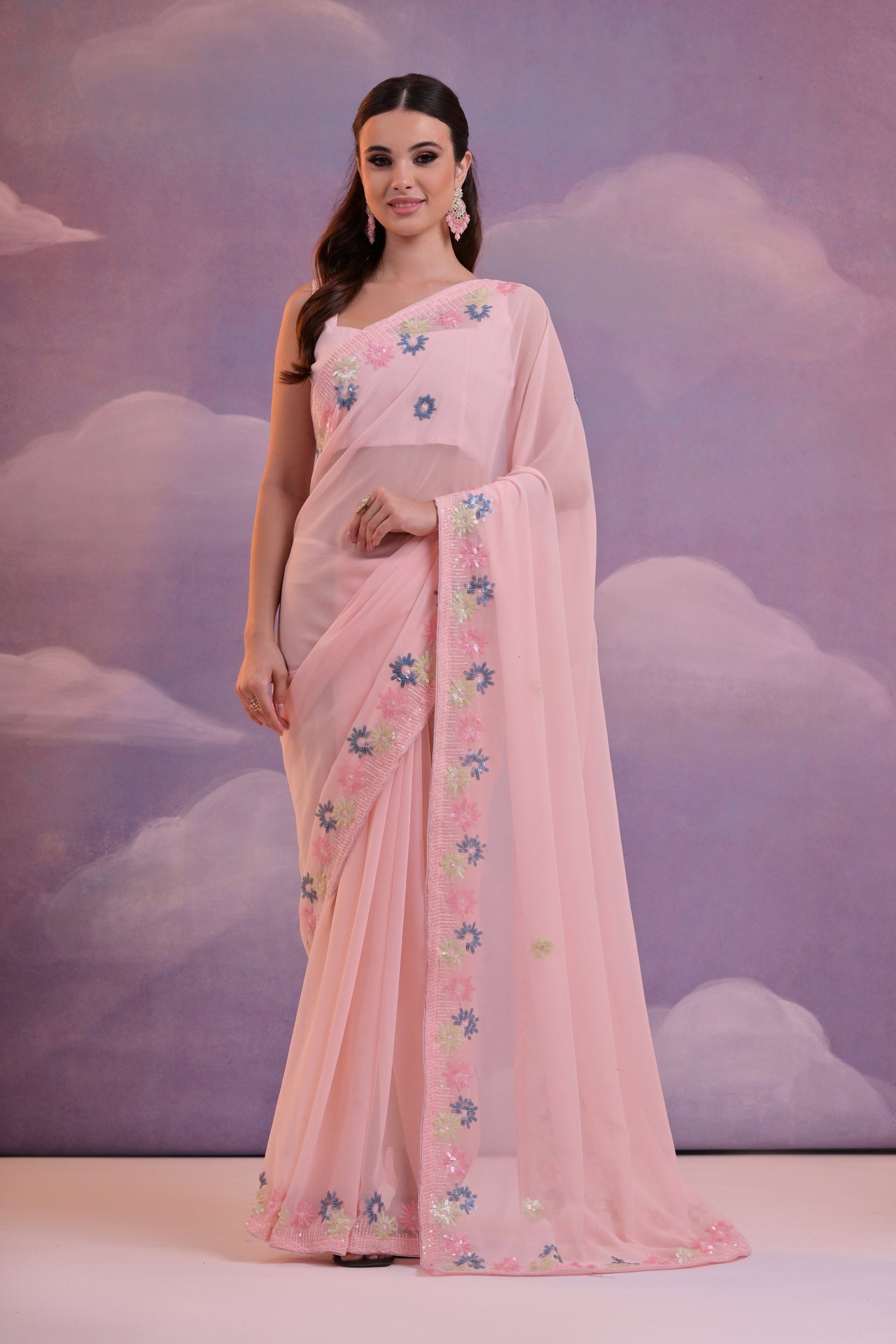 NOZ2TOZ Women Party Wear Sequence Embroidery Worked Georgette Saree with Unstitched Blouse - Pink