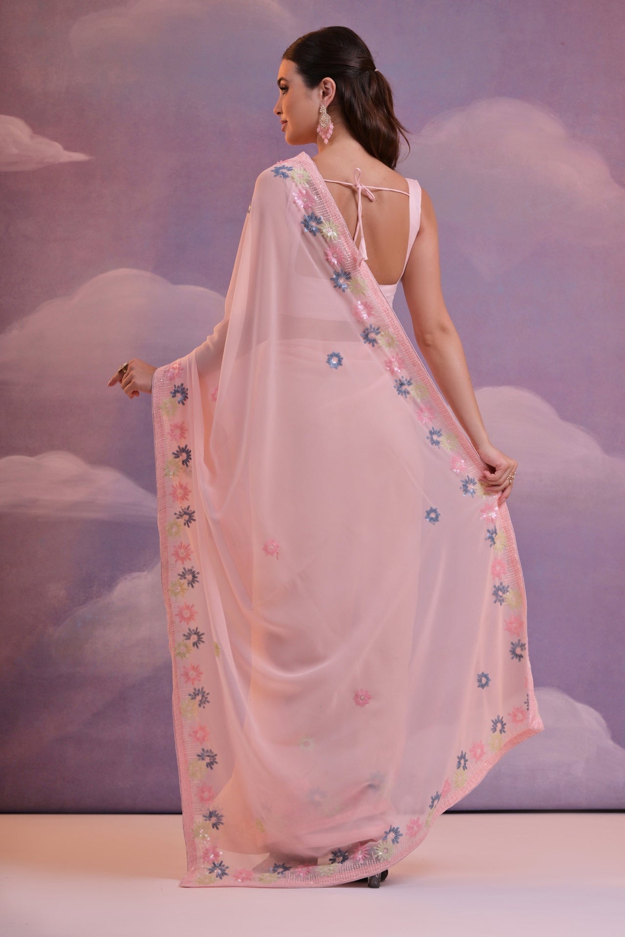 NOZ2TOZ Women Party Wear Sequence Embroidery Worked Georgette Saree with Unstitched Blouse - Pink