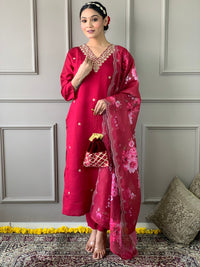 Thumbnail for NOZ2TOZ Women Party Wear Embroidery Worked Kurta With Pant And Dupatta Set - Tomato Red