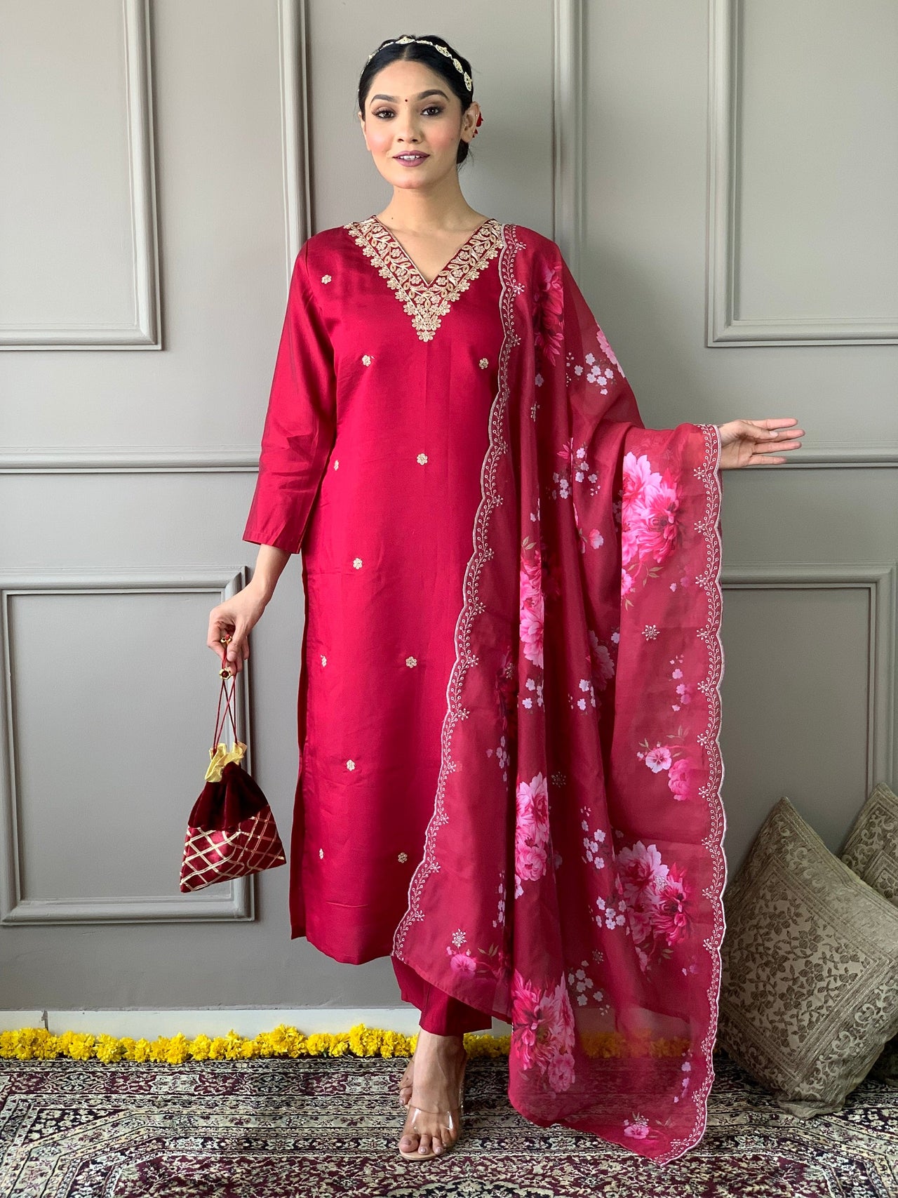 NOZ2TOZ Women Party Wear Embroidery Worked Kurta With Pant And Dupatta Set - Tomato Red