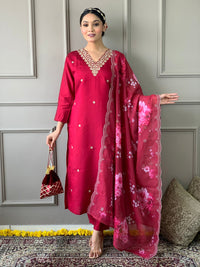 Thumbnail for NOZ2TOZ Women Party Wear Embroidery Worked Kurta With Pant And Dupatta Set - Tomato Red