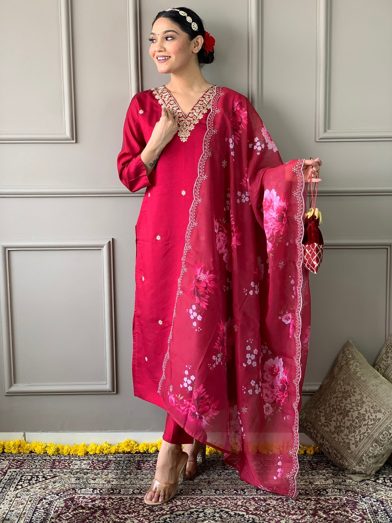 NOZ2TOZ Women Party Wear Embroidery Worked Kurta With Pant And Dupatta Set - Tomato Red