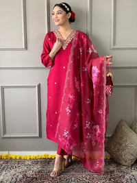 Thumbnail for NOZ2TOZ Women Party Wear Embroidery Worked Kurta With Pant And Dupatta Set - Tomato Red