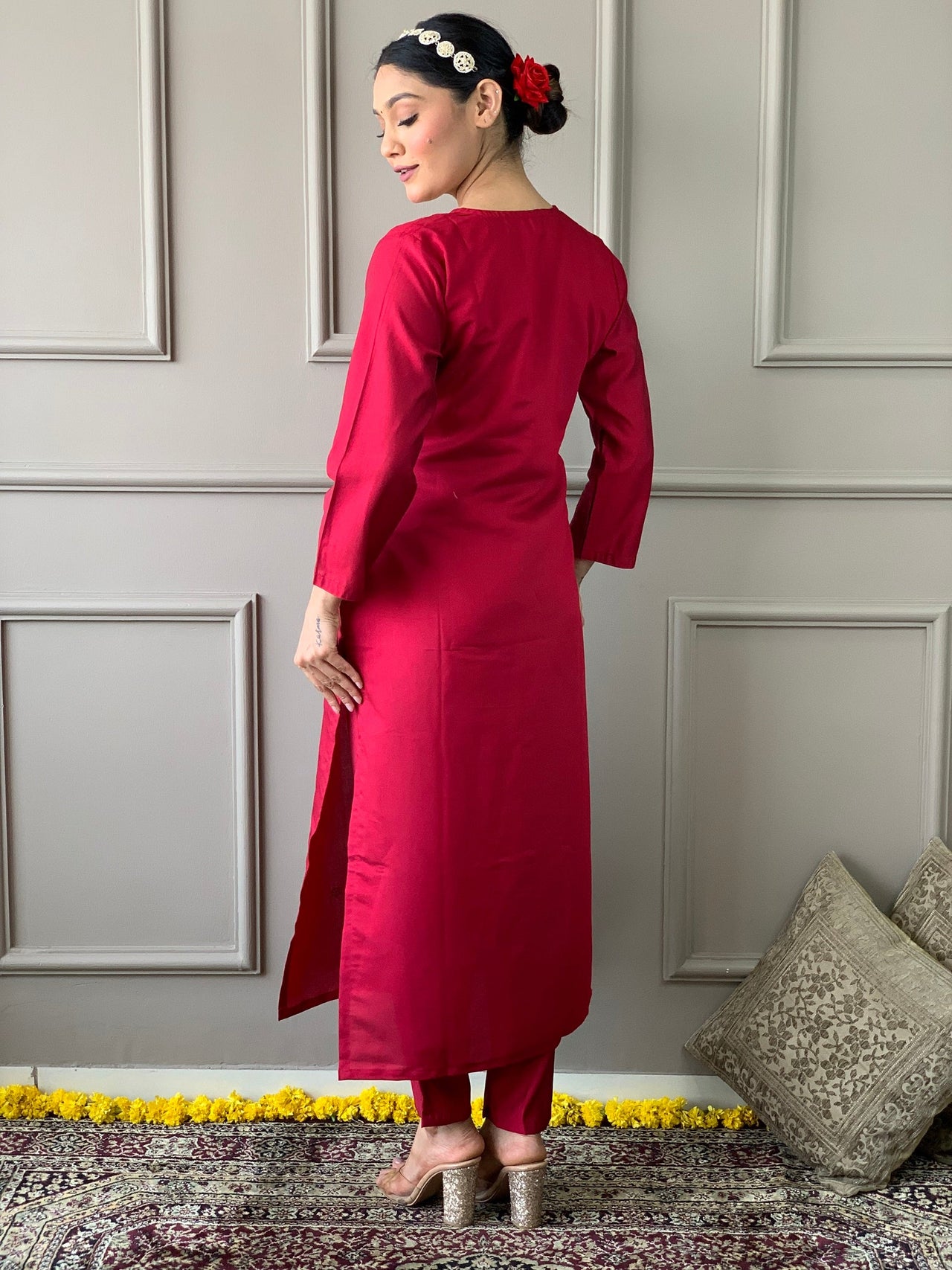 NOZ2TOZ Women Party Wear Embroidery Worked Kurta With Pant And Dupatta Set - Tomato Red