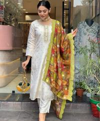 Thumbnail for NOZ2TOZ Women Party Wear Embroidery Worked Kurta With Pant And Dupatta Set - Off White