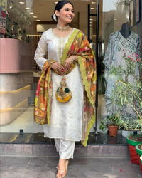 Thumbnail for NOZ2TOZ Women Party Wear Embroidery Worked Kurta With Pant And Dupatta Set - Off White